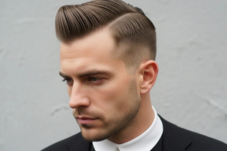 Man with a pronounced widow’s peak wearing a slicked-back hairstyle or short pompadour.