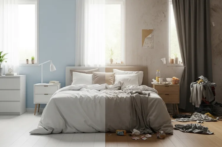 Bedroom interior showing clean vs. dirty side.