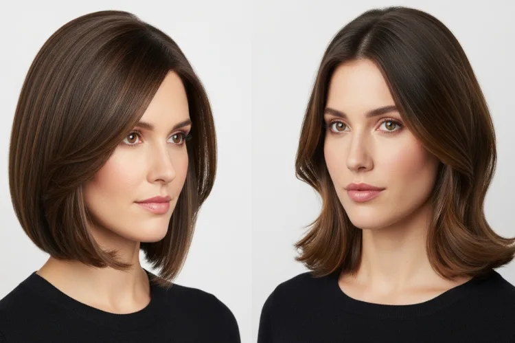Side-by-side comparison above shoulder haircut vs shoulder length haircut, clean studio background.