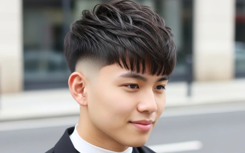 Low taper fade with textured fringe on thick straight Asian hair.