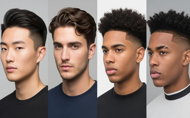Low taper fade examples on straight, wavy, curly, and coily hair, diverse models, studio lighting.