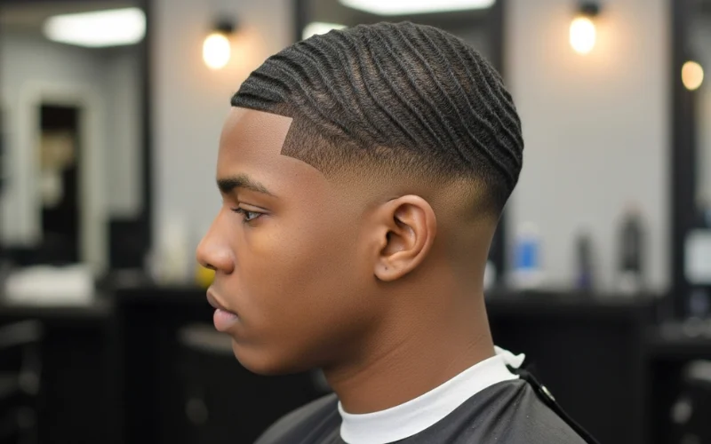 Low taper fade with 360 waves and crisp line-up, sharp edges, professional studio lighting.