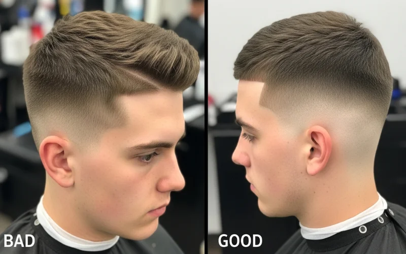 Split-screen good vs bad low taper fade comparison, uneven blend versus smooth professional fade.