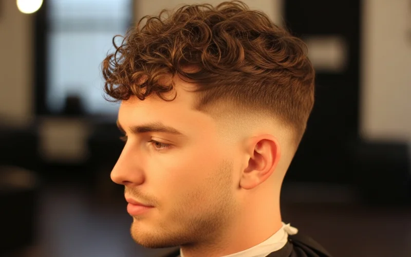 Curly hair fade haircut, defined curls on top with short tapered sides.