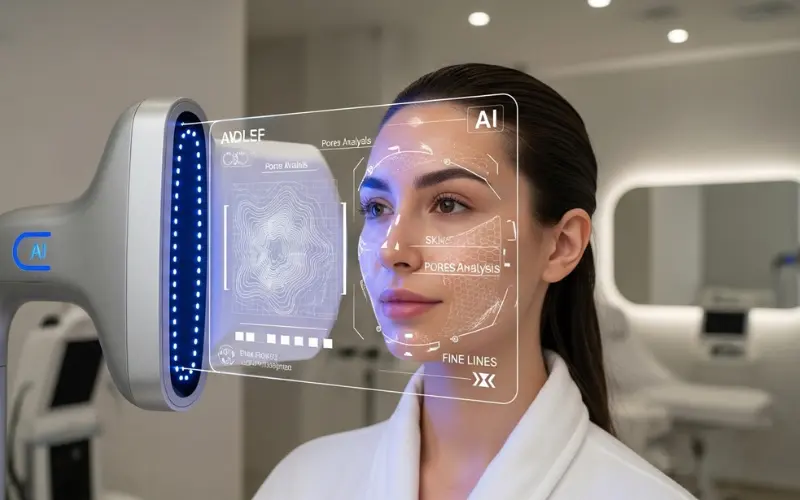 AI skin analysis device scanning face, modern tech beauty clinic, digital skin data overlay.