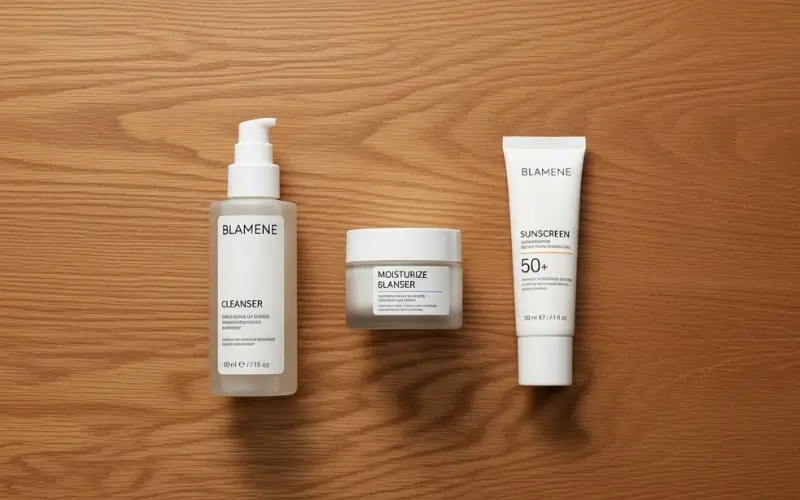 Minimal skincare routine flat lay, cleanser moisturizer sunscreen only, clean brown table background.