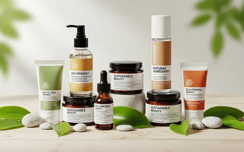Eco-friendly skincare packaging, recyclable bottles, green leaves, sustainable beauty concept, natural light.