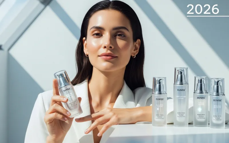 Futuristic 2026 skincare concept for woman, healthy skin, and serum bottles, soft natural light.