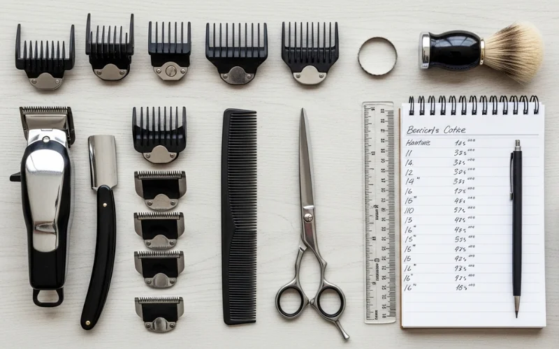 Organized barber station flat lay with clipper guards, scissors, comb, hair length ruler.