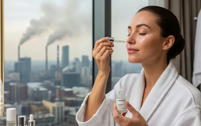 City pollution background with woman applying antioxidant serum, protective skincare concept.