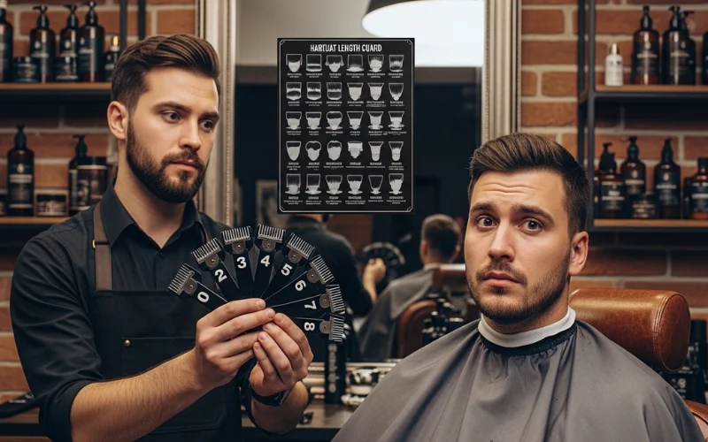 Ultra-realistic barbershop scene, male client sitting in barber chair looking slightly confused while barber holds.