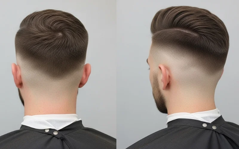 Side-by-side comparison of taper vs fade haircut, clear neckline difference.