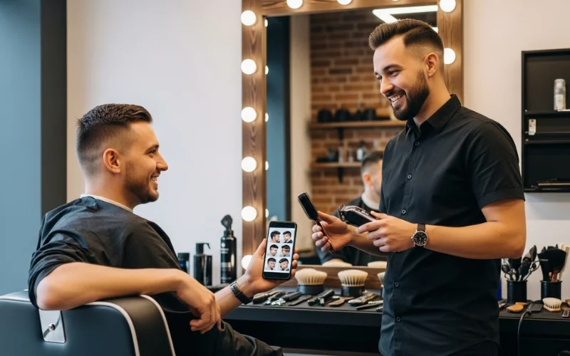 Man showing haircut reference photos on smartphone to barber.