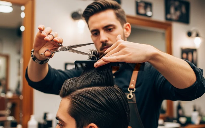 Barber using scissors over comb technique on longer men’s hair.