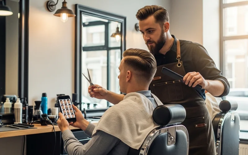 Create a realistic barbershop scene where a client is showing reference photos of a middle part haircut