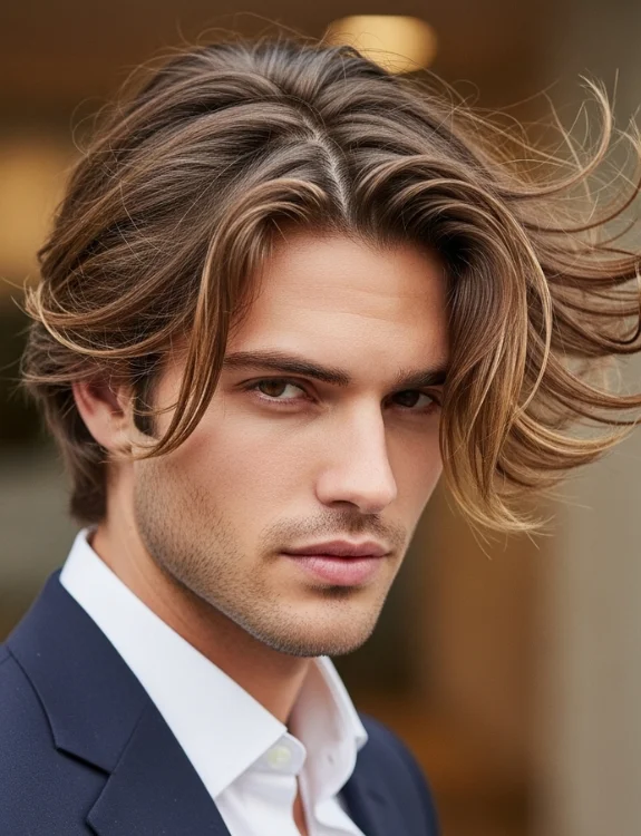 Layered middle part men haircut with movement and dimension 