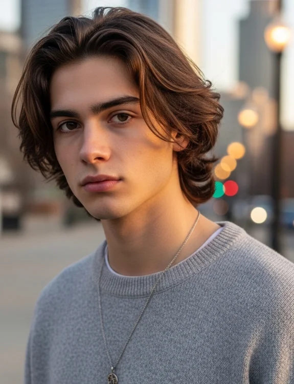 Long middle part hair men fashion to shoulders long hair.