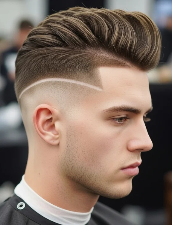 Low skin taper fade haircut, razor-clean neckline, high contrast.