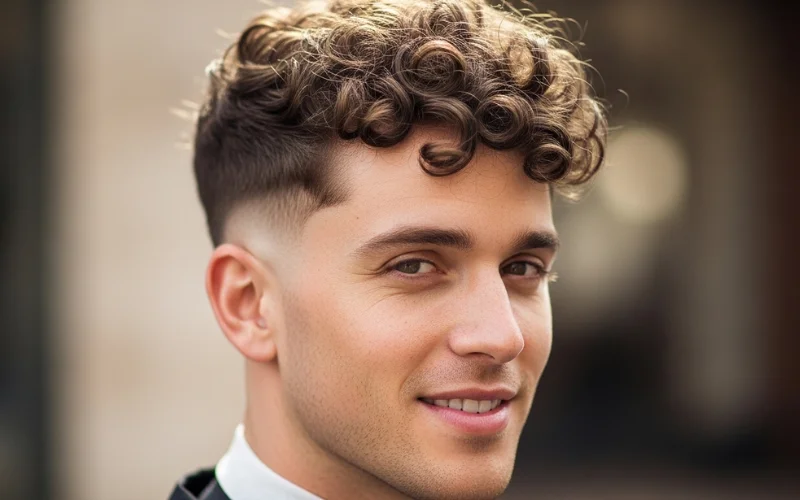 Curly top with low taper fade, defined curls, natural texture, soft lighting.