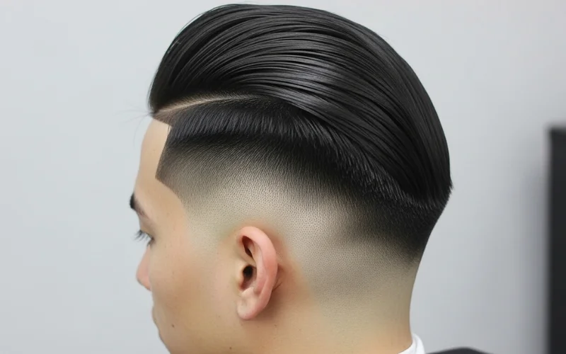 Straight hair low taper fade with slick back, sharp blending, clean barbershop finish.