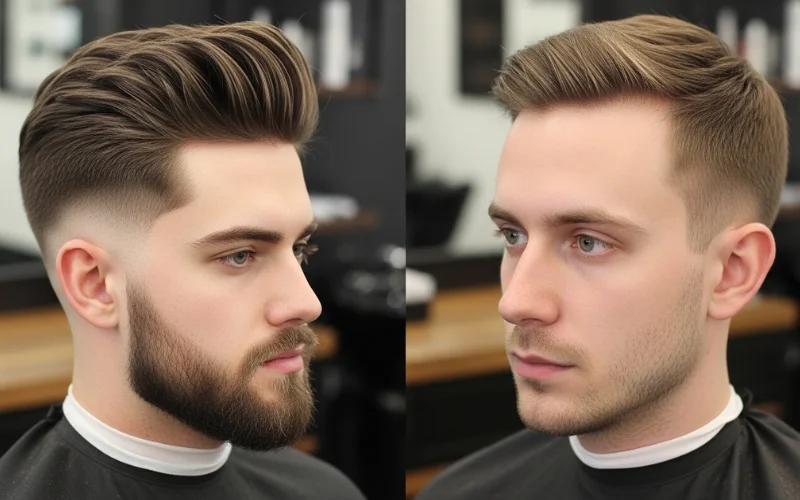 Thick vs thin hair low taper fade comparison, balanced contrast, realistic haircut result.
