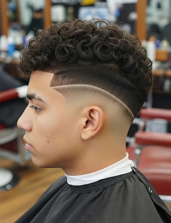 Low taper fade with curly top, high texture contrast, modern barber style.