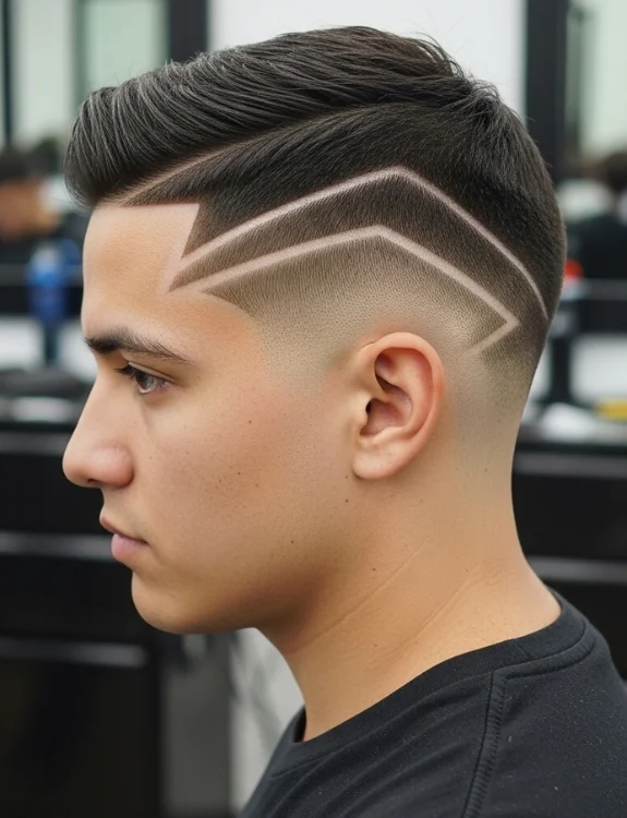 Low taper fade with shaved design lines, creative barber artwork.