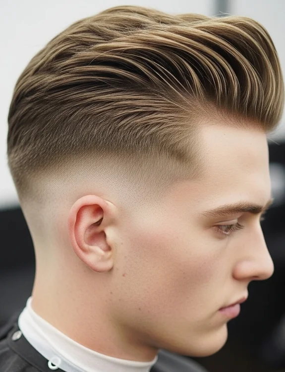Low taper fade with long hair on top, flowing modern men’s hairstyle.