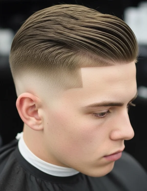 Low taper fade side part haircut, structured and clean appearance.