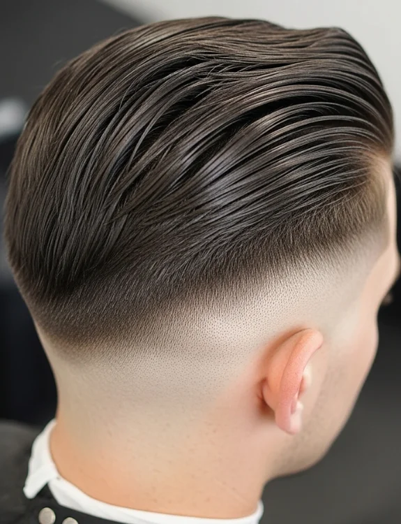 Low taper fade slick back hairstyle, glossy finish, formal style.
