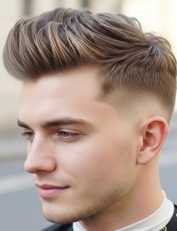 Low taper fade quiff hairstyle, lifted front, natural movement.