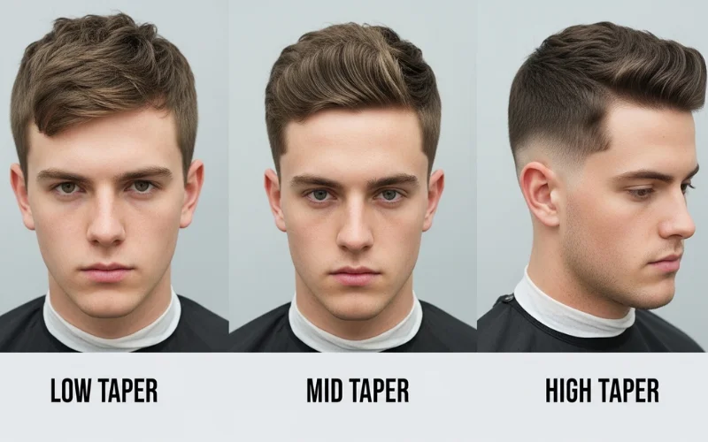 Three male heads showing low taper, mid taper, and high taper fades, labeled comparison.