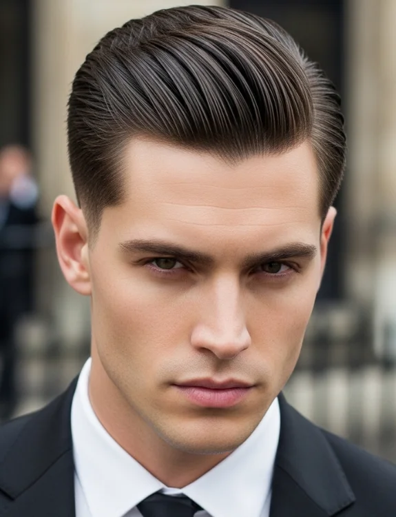 Middle part hair men with polished finish sleek finish.