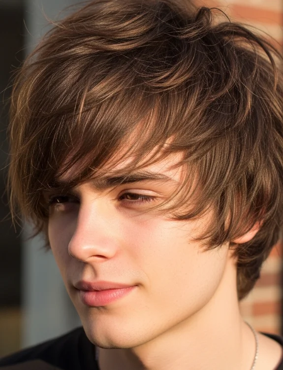Messy middle part hair male with shaggy layers of textures.