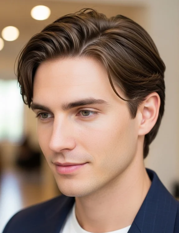 Middle part perm men hairstyle with soft modern waves perm hairstyle.
