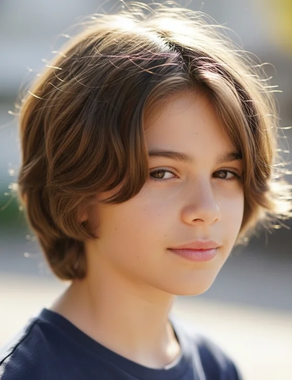 Middle part haircut boy with soft natural texture.