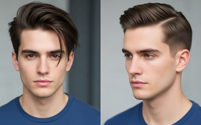 Generate a split-screen comparison image. On the left side, a man with a modern middle part hairstyle.