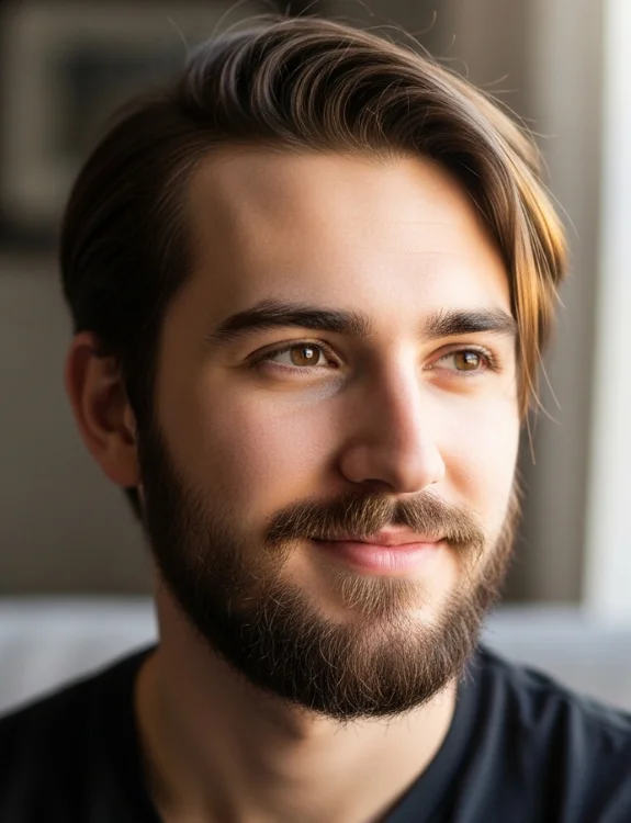 Full beard and man with middle part hairstyle