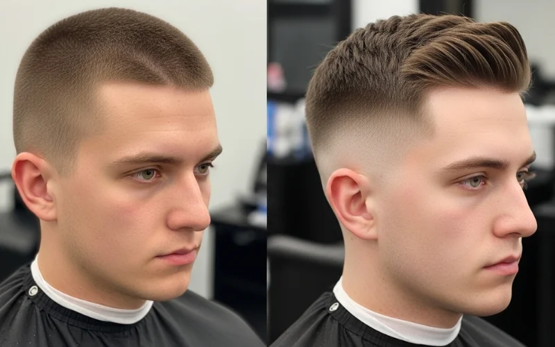 Split image comparison: left side uneven too-short buzz cut, right side well-blended fade with proper guard lengths.