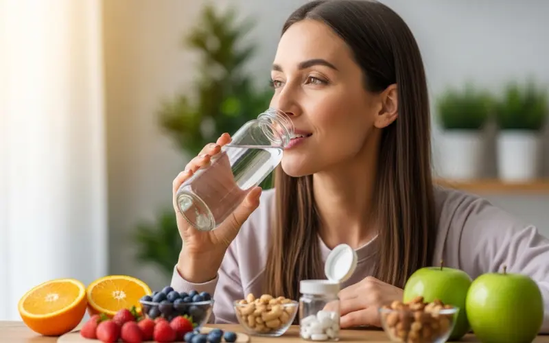 Healthy lifestyle concept, woman drinking water, fresh fruits, vitamins, glowing natural skin.