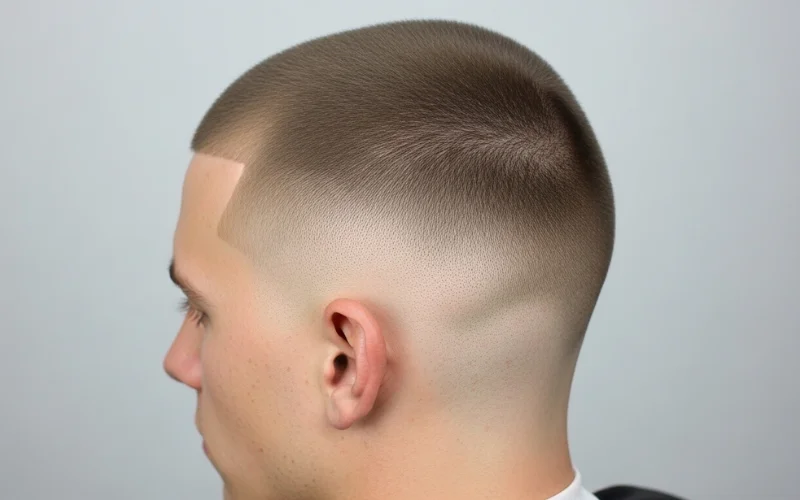 Man with ultra-short near-bald fade, scalp clearly visible, clean skin fade blending into longer top.