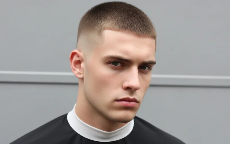 Male model with 1/8 inch buzz cut, light shadow coverage on scalp, crisp fade sides.