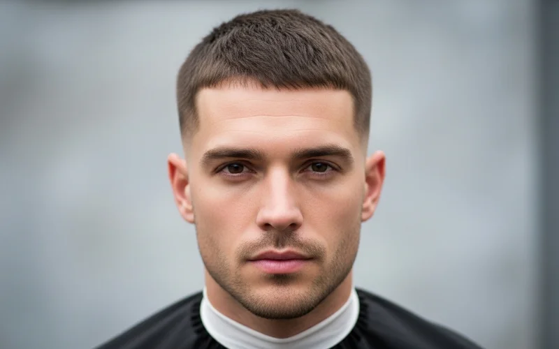 Man with short 6mm buzz cut, noticeable hair coverage without full scalp exposure.