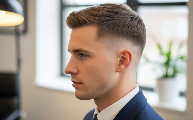 Classic crew cut using #3 guard, balanced short length with minimal scalp visibility.