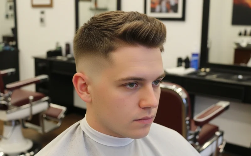 Man with half-inch crew cut, visible texture on top, slightly longer than buzz cut, styled lightly.