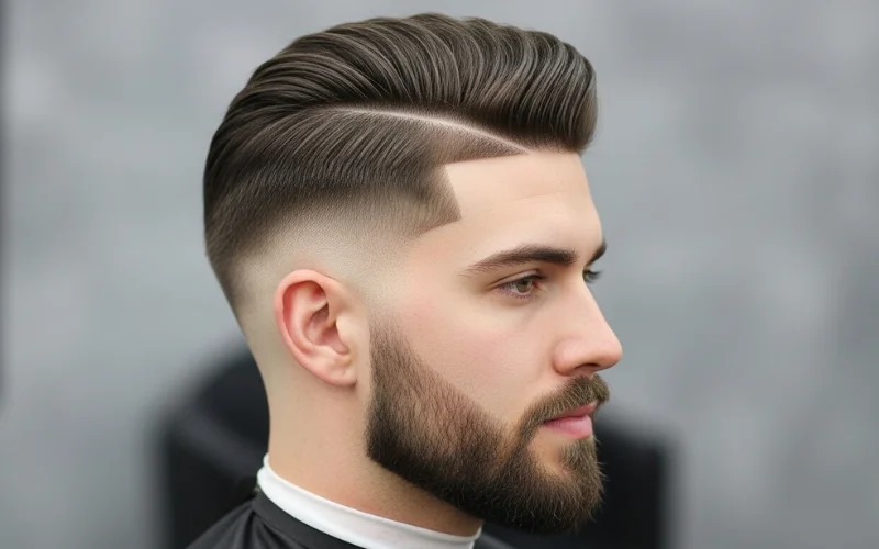 3/4 inch top length, brushed back style, defined part line, textured clean fade sides.