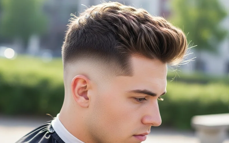 Fuller textured crew cut with volume on top, short faded sides, natural movement in hair.