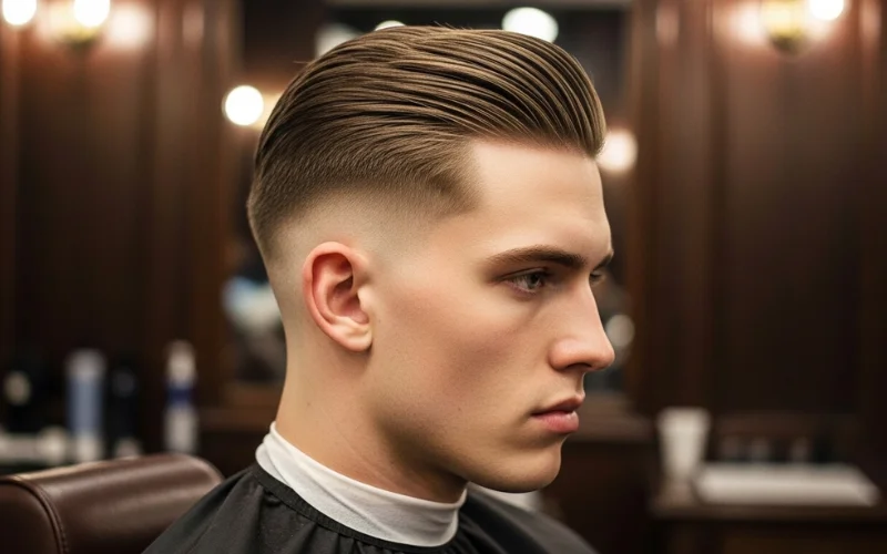 One inch even top length styled into side part, smooth slick back variation, sharp low fade.