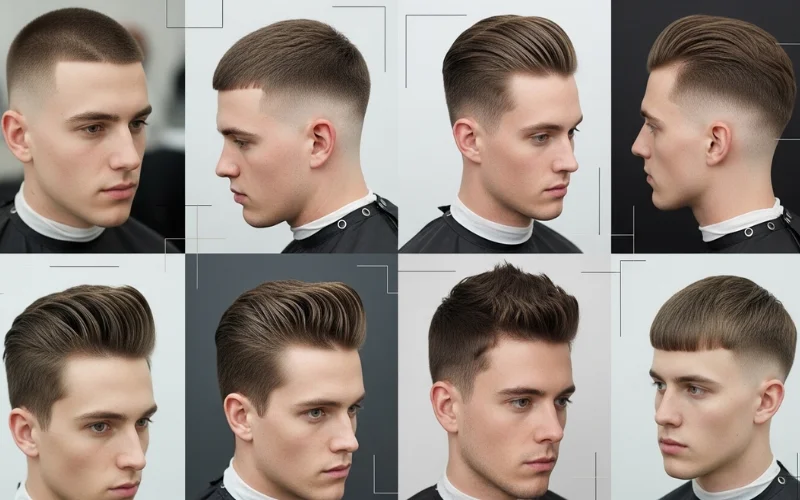 Collage style image showing multiple men with different hairstyles: buzz cut, crew cut, skin fade.