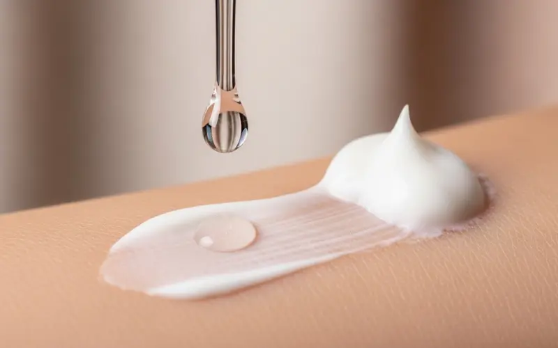 Close-up of healthy glowing skin texture, hydrating serum drop, ceramide moisturizer.